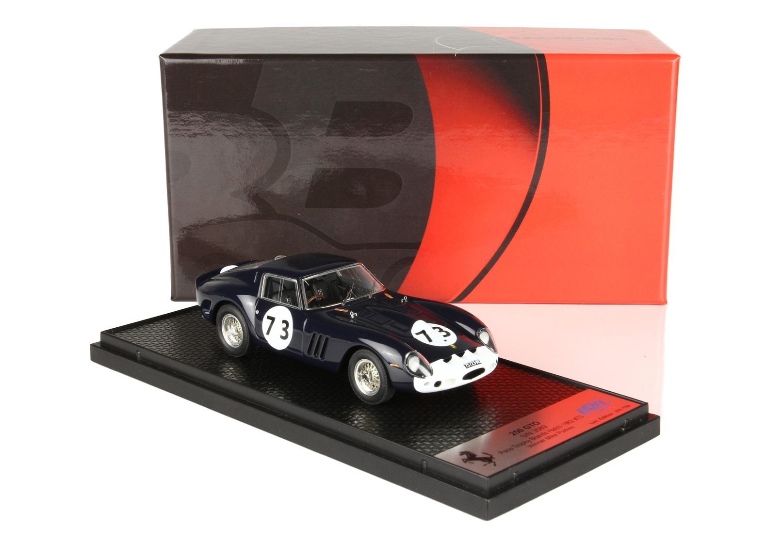 Black Ferrari 250 GTO model car with number 73 on display stand with branded box now offered on Vroomi